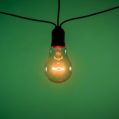 A glowing incandescent light bulb hanging from a black cord against a vibrant green background creating a warm and inviting atmosphere