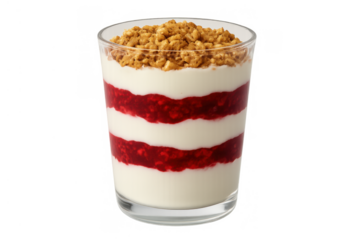 Healthy yogurt parfait with layered berry compote and crunchy granola topping, offering a nutritious breakfast or sweet snack