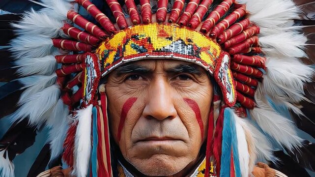 Portrait of Indigenous Leader: A captivating portrait of an indigenous leader, adorned in traditional ceremonial attire, gazing with a profound sense of wisdom and cultural pride.