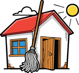 Cartoon Style Drawing of a White House With Red Roof and Open Door with a Mop in Front on a Sunny Day