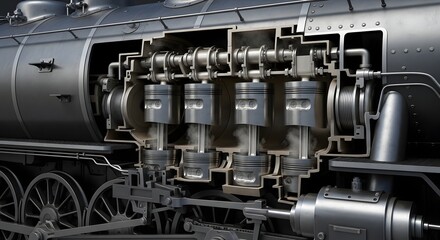 Detailed steam engine cutaway, internal pistons and gears exposed, half the locomotive shell removed, steel surfaces highlighted with realistic CGI lighting.
