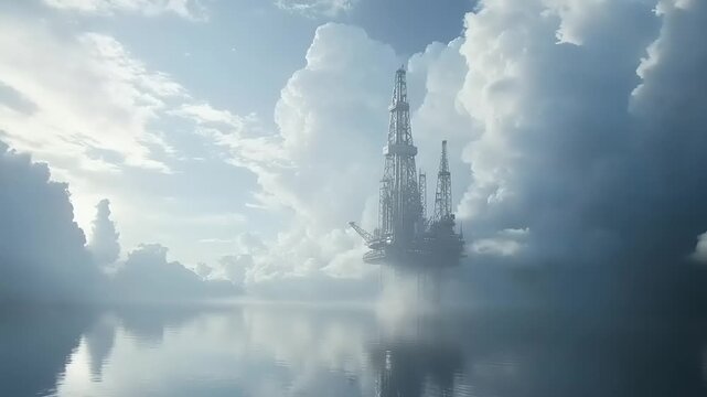 Offshore drilling platform rising through heavy cloud cover over calm water surface