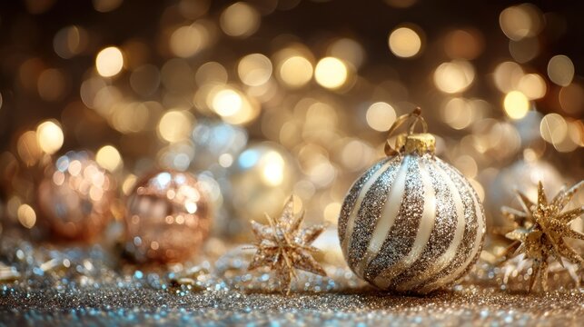 Christmas baubles with glitter and stars on a gold and silver background with bokeh lights.