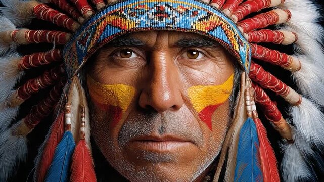 Solemn Gaze of a Native American Chief: A close-up portrait unveils the weathered face of a Native American chief adorned in a traditional headdress. His intense gaze reflects the depth of history.
