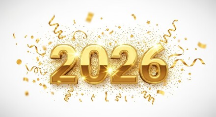 Golden Year 2026 Celebration - Elegant 3D golden 2026 number surrounded by confetti and streamers, perfect for New Year's Eve or anniversary celebration graphics