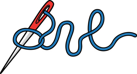 Red Eye Needle With Blue Thread Creating Abstract Pattern On White Background Simple Illustration