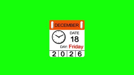 December month Friday 18 date calendar with clock animation. 2026 calendar and creating a stunning video. 4k video.