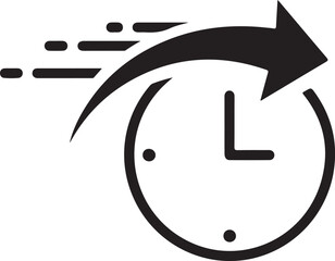 Quick turnaround time icon showing clock and dynamic fast moving arrow representing speed efficiency or rapid service delivery performance metric.