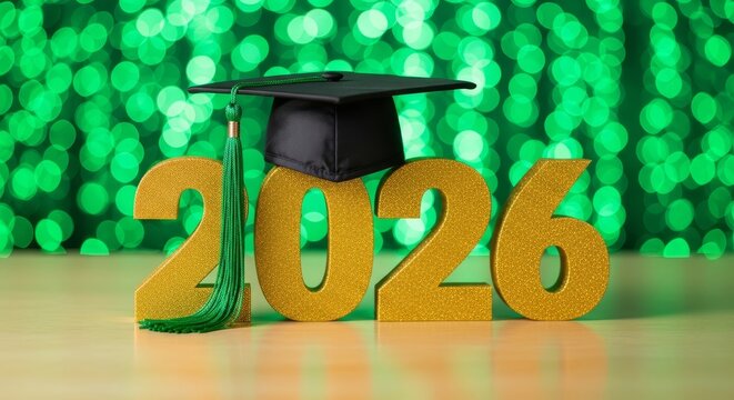 Graduation Year Celebration with Bokeh - Golden numbers signify the graduation year, topped with a graduation cap.