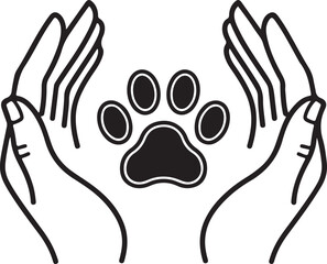 Compassionate hands holding paw print symbolizing animal care and adoption assistance safe environment support for beloved pets welfare icon design