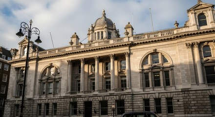 Fototapeta premium Grand Building Facade in City - Impressive stone building with columns, dome and decorative details in a city setting, under a cloudy sky