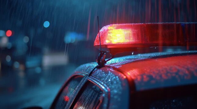 Red police siren light in heavy rain at night, emergency patrol scene
