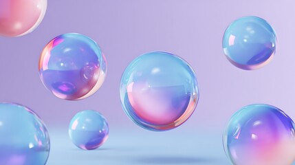 Obraz premium Iridescent bubbles floating in a dreamy purple and blue gradient background