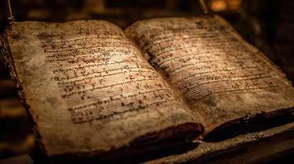 gregorian. Ancient Gregorian chant manuscript hanging in a church with aged parchment. event programs, museum guides, designed for cultural heritage projects and event programs.