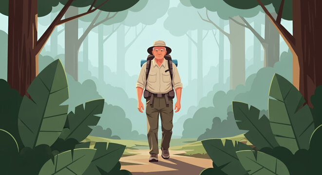Inspiring senior hiker exploring lush forest trail, embracing nature's tranquility and promoting active retirement lifestyles today