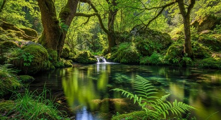 Serene forest stream with clear water flowing between mossy rocks and trees, creating a peaceful natural landscape for relaxation and environmental themes.