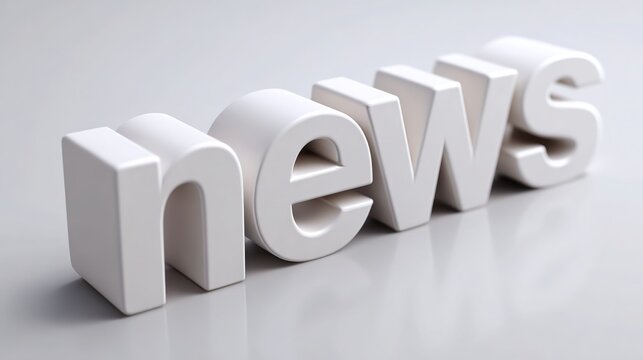Minimalist 3D "NEWS" Text Design: White 3D Letters on White Background, Soft Shadows & Highlights for Elegant Atmosphere, Text-Focused for Seamless Integration as Banner or Graphic Element.