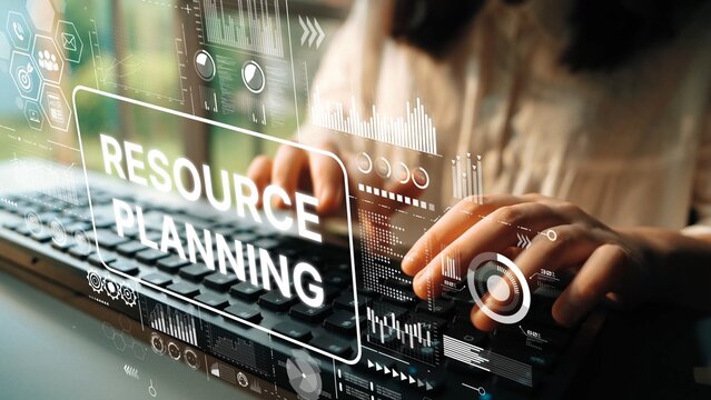 Hands Typing on Keyboard with Resource Planning Concept Overlays for Business Management and Strategy Development. Asymptotic smart data analytic. - Powered by Adobe