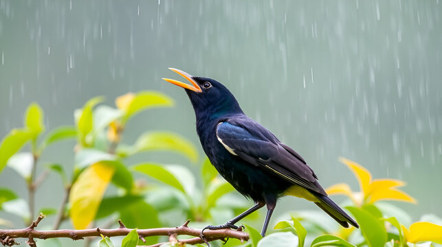 Vocal Common Indian Myna Bird Squarks In The Rain