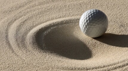 A golf ball resting on a sandy bunker with a circular indentation in the sand.