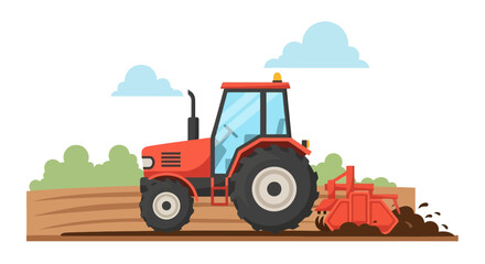 Red Tractor Plowing a Field Agricultural Work and Farming Concepts Illustration