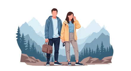 Couple embracing outdoor adventure with mountain vista, perfect for travel blog or active lifestyle brand promotion, showcasing nature's tranquility