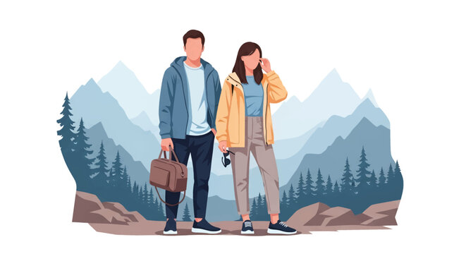 Couple embracing outdoor adventure with mountain vista, perfect for travel blog or active lifestyle brand promotion, showcasing nature's tranquility