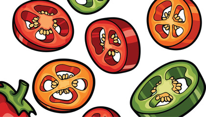 Fototapeta premium Pixel Art Slices of Red Green Orange Chili Peppers on White Background with Seeds Visible