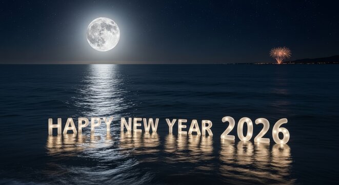 Happy New Year 2026 Celebration - A nighttime seascape with a full moon and fireworks, featuring illuminated "Happy New Year 2026" lettering on the water