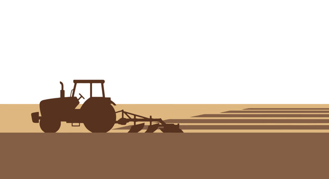 Silhouette of a tractor plowing a field during a sunny day illustrating agricultural work and cultivation