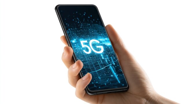 A hand holding a smartphone with a 5G network icon on its screen, set against a digital background with a grid of dots and lines. - Powered by Adobe