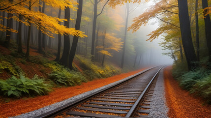 Sunbeams illuminate a colorful autumnal railroad track winding through a foggy forest, fallen leaves scattered along the way, forest, railroad track