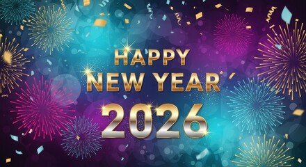 Happy New Year 2026 Celebration - Festive Happy New Year 2026 design with fireworks and confetti, perfect for holiday greetings and celebration announcements