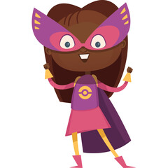 Young African American Girl In Purple Mask and Cape Poses As A Superhero With A Smile And Confident Stance Bright Colors