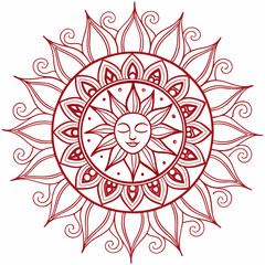 Red sun face mandala isolated on, spiritual and peaceful