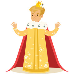 Young Blond Boy Dressed As A King Wearing A Golden Robe And Red Cape With A Crown On His Head In A Playful Pose With Open Arms And A Smile