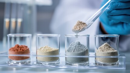 A scientist in a lab coat is holding a small glass vial with a sample of a powder in it, which is being compared to other powders in a series of similar vials.
