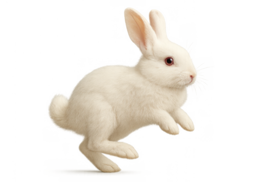 White rabbit hopping on transparent background, symbolizing easter, spring, cuteness, and new beginnings
