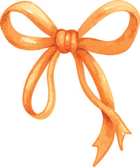 A watercolor illustration of a single orange ribbon bow elegantly tied and flowing