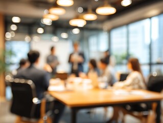 Blur office meeting blurred background with business people working group in boardroom discussion for teamwork brainstorming, executive seminar or professional training in small startup enterprise