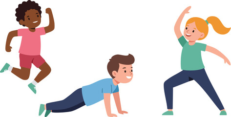 Three cartoon children engaging in various exercise poses against a clean white background with a playful and energetic mood.