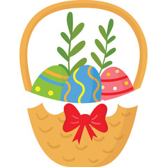 Whimsical Easter Basket Filled With Colorful Painted Eggs and Green Sprigs Adorned With a Red Bow On White