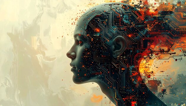 A profile of a human-like figure with circuitry replacing the skull, colors of orange, red, and blue mix, abstract background
