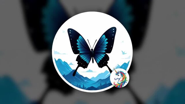 An abstract blue butterfly over mountains, and a colorful unicorn icon, against a blurred backdrop