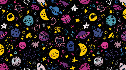 Naklejka premium Hand-drawn space pattern with smiling moons, stars, planets and rockets. Bold colors on a dark background. Perfect for kids’ products, wrapping paper, textiles and playful web backdrops.