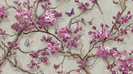 A delicate pink cherry blossom tree with delicate purple flowers and butterflies on a beige stone background.