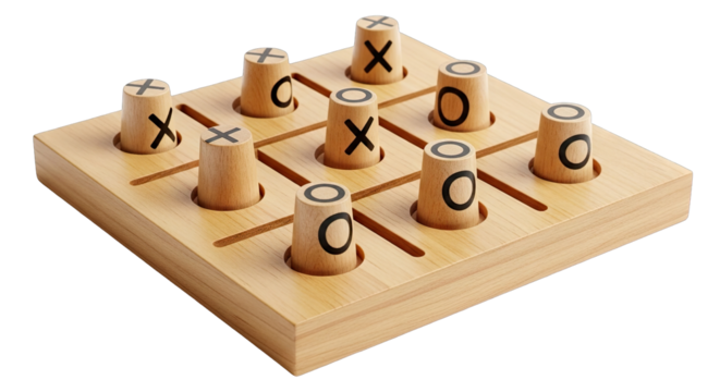 Wooden Tic Tac Toe Board Game with X and O Markers in a Playful Arrangement on a Transparent Background Studio Lighting - Powered by Adobe