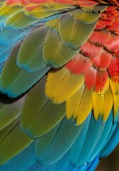 Obraz premium Macaw Feathers in Vibrant Color - A close-up of macaw feathers displaying a spectrum of colors symbolizing beauty,nature, vibrancy, diversity, and texture