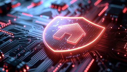 Home Security: A glowing digital shield, emblazoned with the silhouette of a house, hovers protectively over a network of intricate circuits, symbolizing digital security
