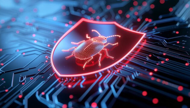 Cybersecurity Shield: A vibrant graphic illustrates a digital shield protecting against a menacing bug, symbolizing the critical importance of cybersecurity in today's digital world. 